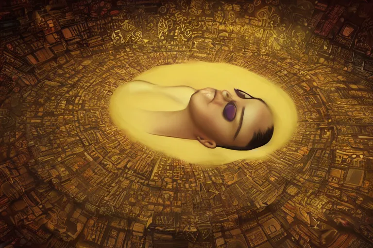 Prompt: a woman of great beauty [ lies in the center of a spacious bed ]!!, as she looks up at the ceiling, dreaming about a faraway place, digital art, 3 d modeling, light painting, night scene, surrealism, illustration, digital illustration, painted, overhead view!!, golden ratio!!