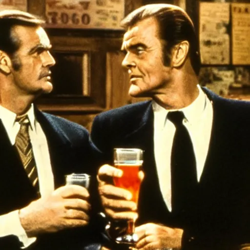 Prompt: a young sean connery and roger moore having a drink in an irish pub