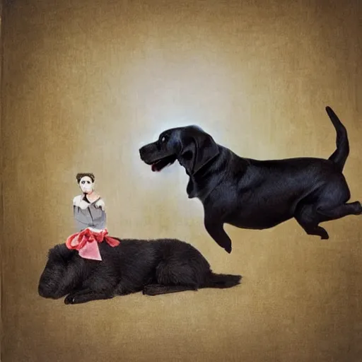 Image similar to A beautiful conceptual art of a large black dog with teeth bared, looming over a small white rabbit. The rabbit looks terrified, and the dog seems ready to attack. felt pieces by Jeannette Guichard-Bunel manmade