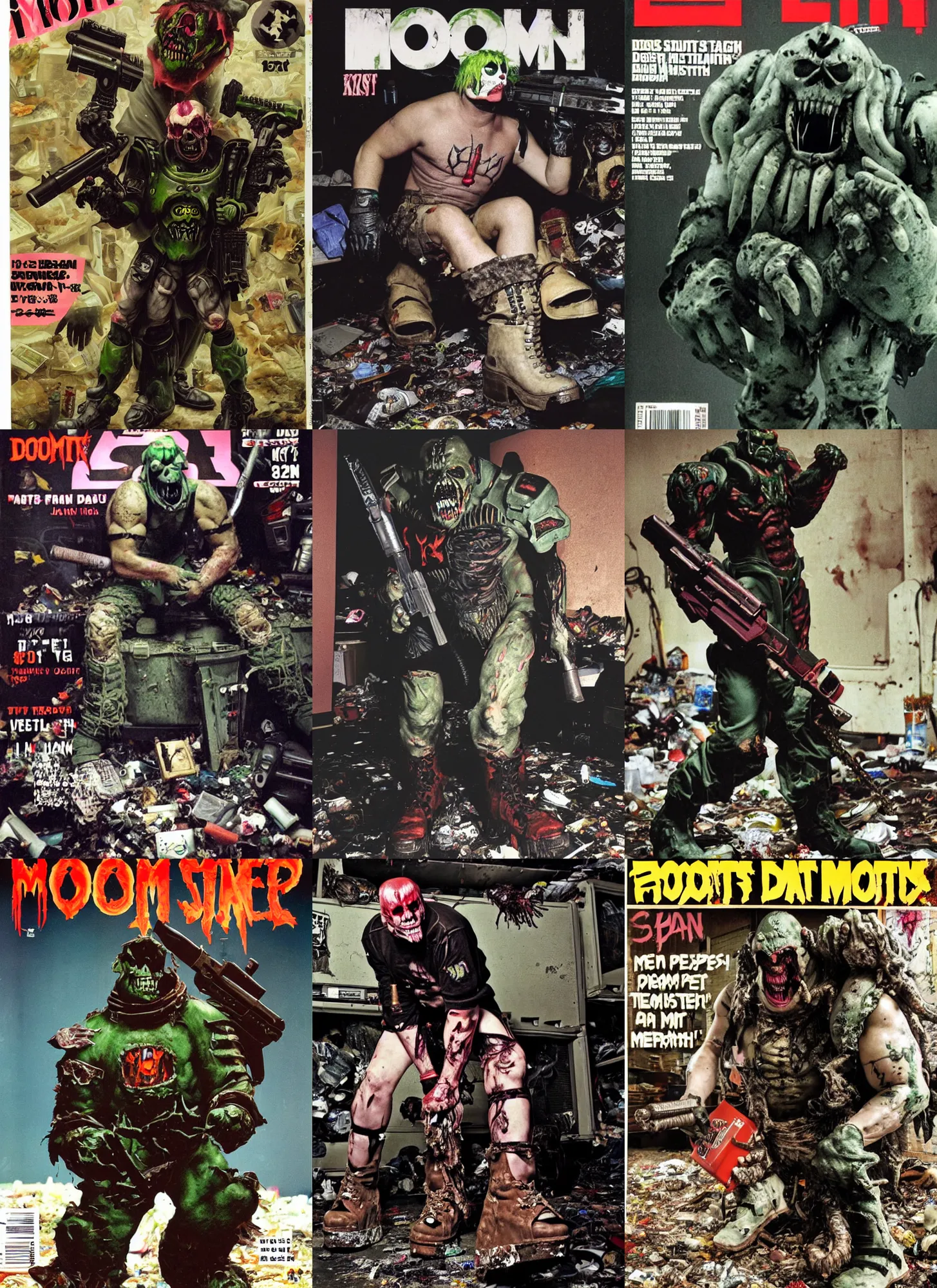 Prompt: photo of Doom marine with shotgun wearing ripped up dirty Swear kiss monster teeth yeti platform boots in the style of Ryan Trecartin in the style of 1990's FRUiTS magazine 20471120 in japan in a dirty dark dark dark poorly lit bedroom full of trash and garbage server racks and cables everywhere in the style of Juergen Teller in the style of Shoichi Aoki, japanese street fashion, KEROUAC magazine, Walter Van Beirendonck W&LT 1990's, Vivienne Westwood, y2K aesthetic