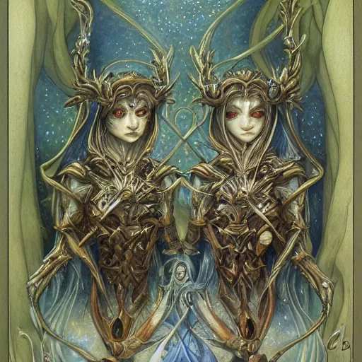 Image similar to detailed and sharp gemini artwork, mystic style, detailed, 8 k, detailed, symmetrical, by brian froud