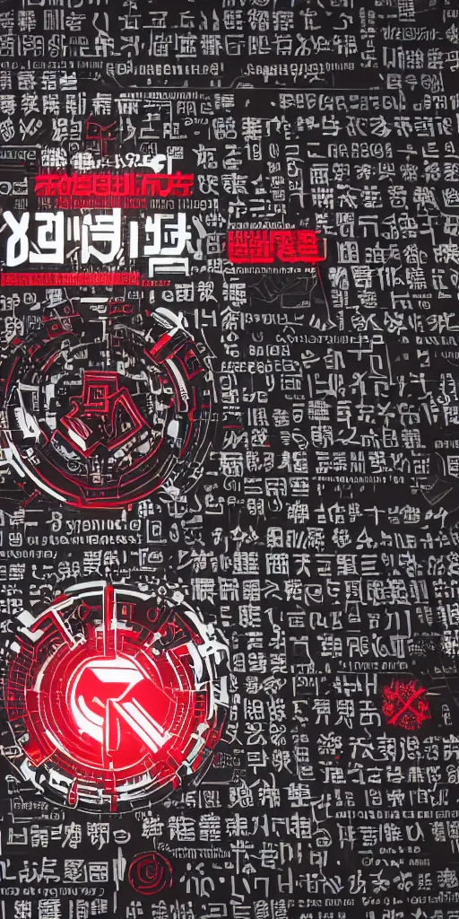 Prompt: a photo of a banner with symbols, cyberpunk logos of megacorporations, kanji and symbols, black white red, sci fi font, graphic design, 8 k, innate studio