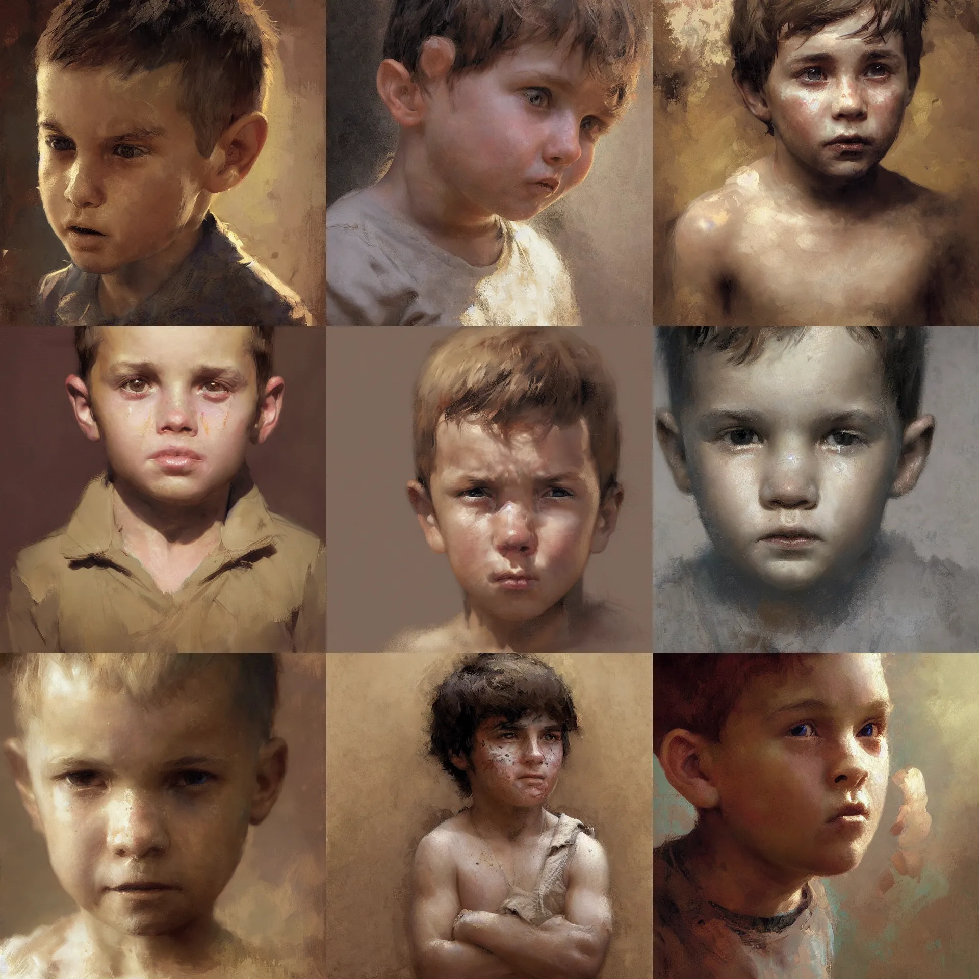 Prompt: digital art painting of a young boy with thinking and surprised face expression painted by craig mullins and gaston bussiere and greg rutkowski, symmetrical facial features, symmetrical face, defined facial features, dramatic lighting, close up