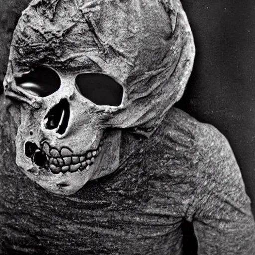 Image similar to exploded man covered in soot, bulging eyes, skull, photo from the 70s