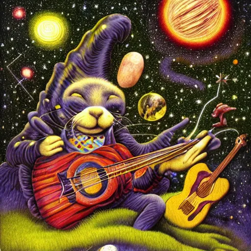 Image similar to morning in the middle of the day in the lush forest, guitar, milky way, designed by moebius, rob gonsalves, gustav dore, giuseppe arcimboldo and carl barks, louis wain, trending on artstation, canada, star, sharp focus, colorful refracted sparkles and lines, soft light, 8 k 4 k