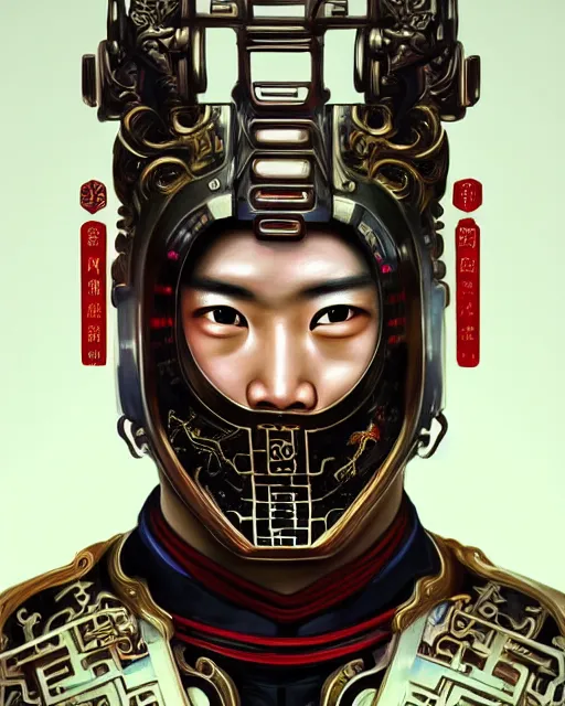 Image similar to portrait of a chinese masculine male cyberpunk machine, machine face, upper half portrait, decorated with chinese opera motifs, muscular, asian, fine china, wuxia, traditional chinese art intricate intense elegant 京 剧 highly detailed digital painting artstation concept art smooth sharp focus illustration, art by artgerm and greg rutkowski alphonse mucha 8 k