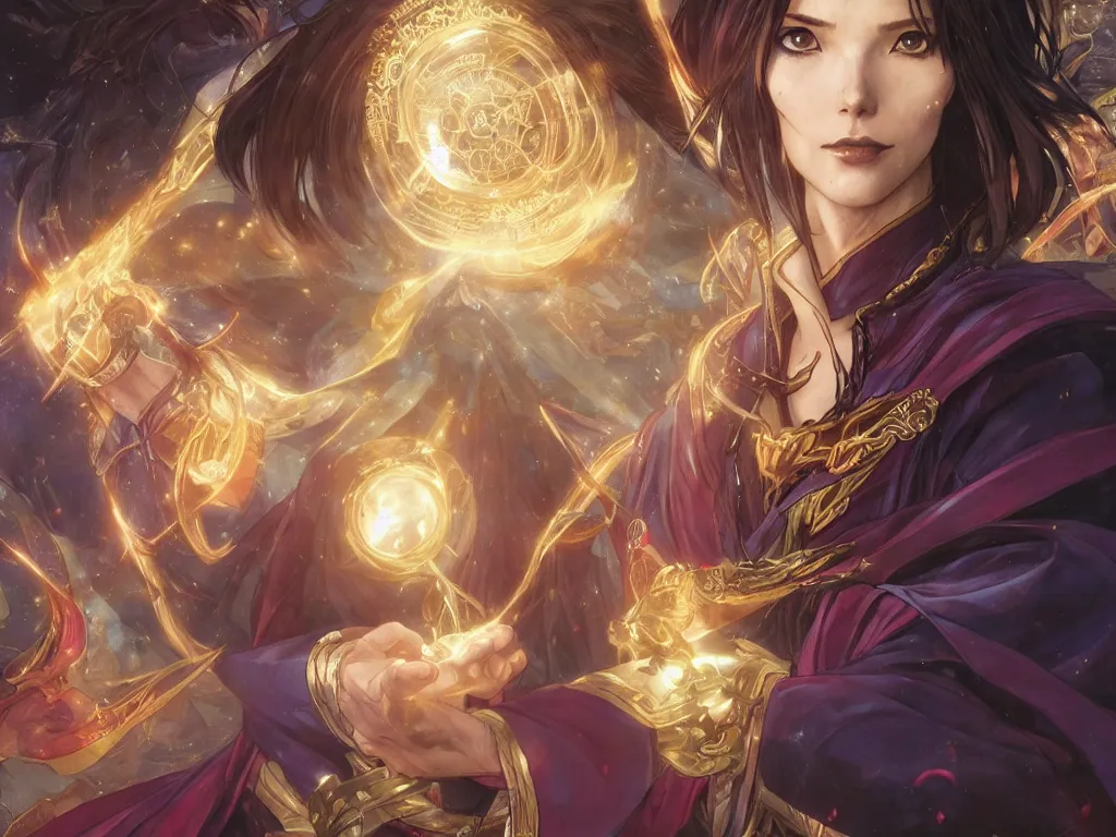 Image similar to anime key visual of a beautiful female doctor strange, marvel comics, spells, magic, intricate, magical village, stunning, highly detailed, digital painting, artstation, smooth, hard focus, illustration, art by artgerm and greg rutkowski and alphonse mucha