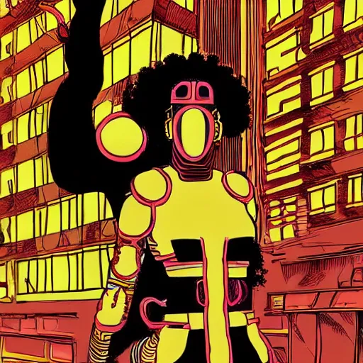 Prompt: afrofuturist woman walking down the busy street wearing gold jewelry and a goli mask, cyberpunk, far shot, 1970s comic art style