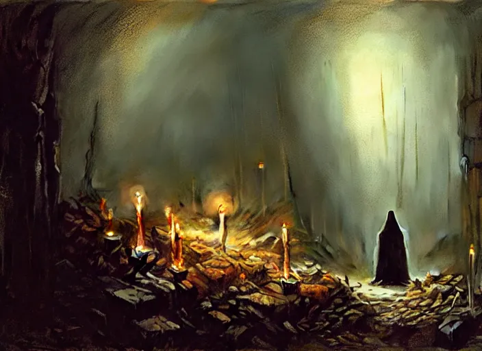 Prompt: A hooded dark figure approaches an abandoned mine in a cave lit by candles, Ivan Shishkin and Greg Rutkowski