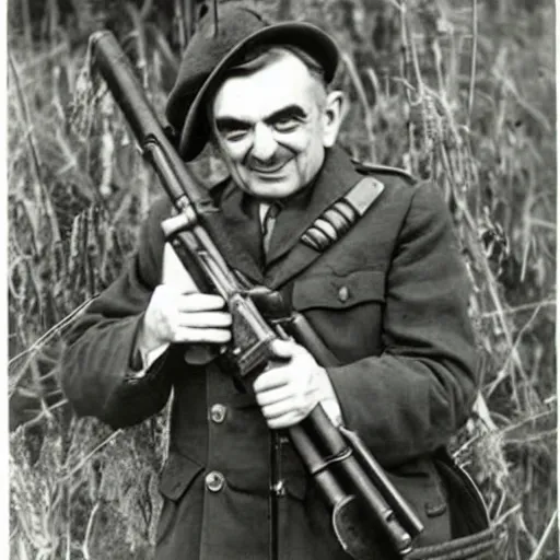 Image similar to old wartime photograph of mr. bean holding a lewis gun, 1 9 1 7