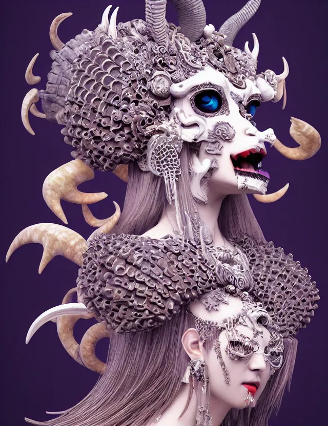 Image similar to 3 d goddess close - up profile portrait of satanic with ram skull. beautiful intricately detailed japanese crow kitsune mask and clasical japanese kimono. betta fish, jellyfish phoenix, bio luminescent, plasma, ice, water, wind, creature, artwork by tooth wu and wlop and beeple and greg rutkowski