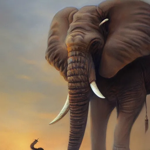 Prompt: a painting of an enormous elephant towering over other elephants with a long tusk by michael komarck, featured on cgsociety, fantasy art, majestic, official art, detailed painting.
