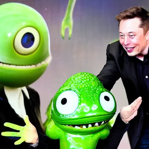 Prompt: Elon Musk shaking hands with an extraterrestrial alien with slimy green skin, googly eyes, and a golden crown