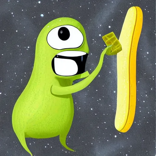 Image similar to Cartoon art of a hungry banana eyes and mouth eating a pickle on remote planet, digital art, realistic,