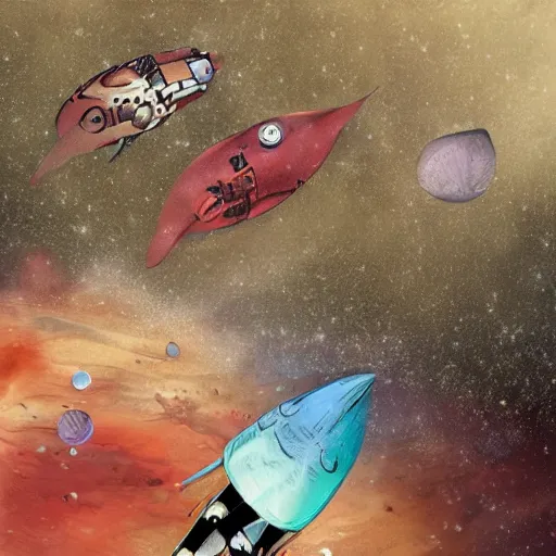 Prompt: Mars Warez with spaceships flyring around, flat paint, acrylic, minimal, surreal, 3D parallax view effect, art style by Joshy Sly, water color, soft pastel colors