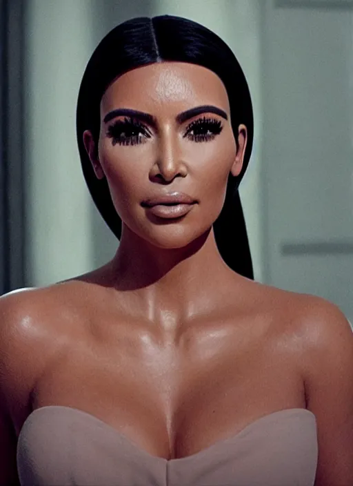 Image similar to movie still of a kim kardashian with a alien facehugger on her face, cinematic.