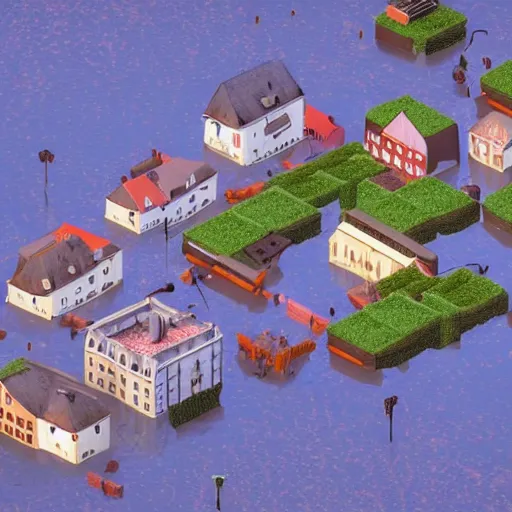 Image similar to top-down 3D video game about a german town being flooded, isometric view, unreal engine, gameplay footage, rasterisation engine, mobile game