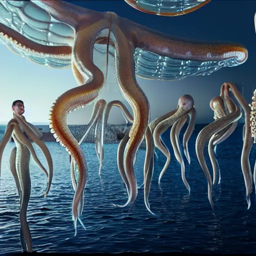 Prompt: hyperrealism simulation highly detailed human octopuses'wearing transparent jackets floating in new - york in surreal scene from art house movie from future by caravaggio rendered blender and octane render