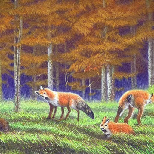 Image similar to photorealistic photograph of an arctic forest with foxes frolicking around by Bob Ross