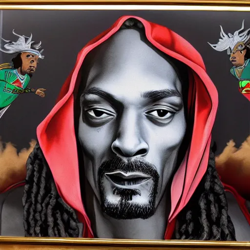 Image similar to '' Snoop dog as a high superman god of weed, 4k, detailed, photorealistic, NY landscape''