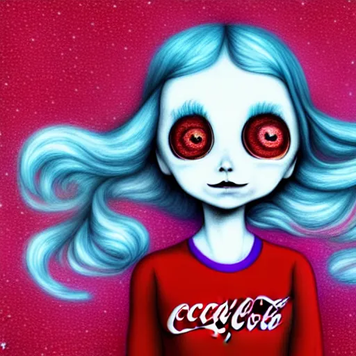 Image similar to digital drawing of the coke logo personified as a soda themed girl in the style of the youtuber lavender towne, large creepy eyes, extremely detailed and colorful eyes, digital art, deviant art, soda themed girl, hyper detailed eyes, money sign pupils, tim burton, scratchy lines, junji ito