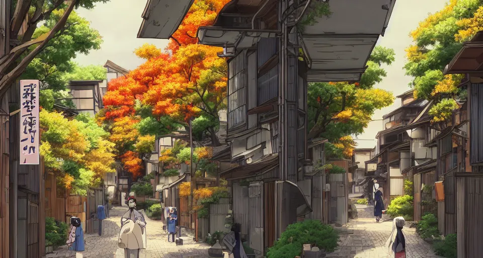 Prompt: Anime visual of peaceful Japanese alleyway from TV Tokyo 2010s anime series; autumn; 4k HD, sharp, digital still, trending on artstation; official media