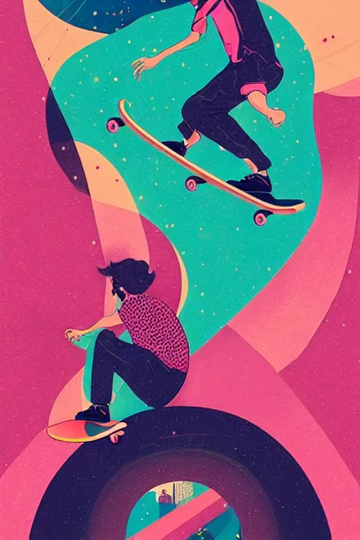 Prompt: a man riding a skateboard on top of a pink surface, poster art by victo ngai, ori toor, kilian eng behance contest winner, crystal cubism, poster art, cubism, tarot card, psychedelic art, concert poster, poster art, maximalist