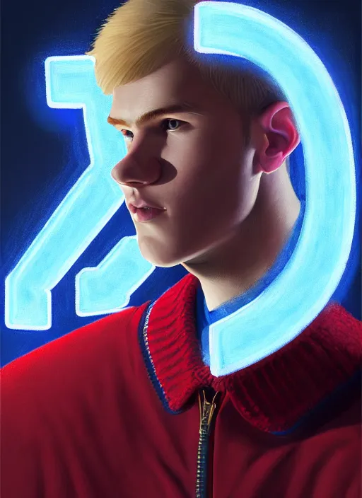 Image similar to portrait of high school senior boy named big moose, blonde short hair, jock, beefy, wide face, square jaw, square facial structure, blue varsity jacket with letter r, intricate, elegant, glowing lights, highly detailed, digital painting, artstation, concept art, sharp focus, illustration, art by wlop, mars ravelo and greg rutkowski