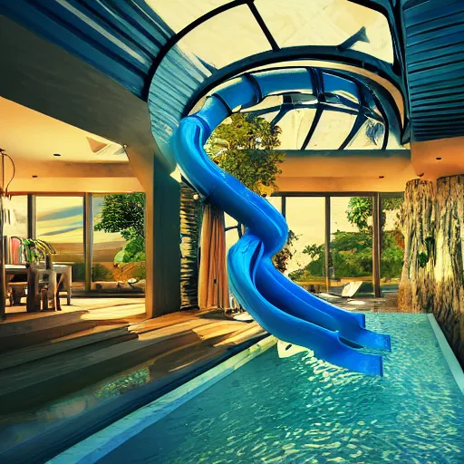 Image similar to waterslides in a house, digital art, cinematic lighting, epic composition, highly detailed