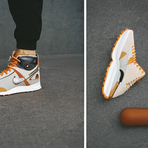 Image similar to a studio photoshoot of Nike ACG sneakers designed by Tom Sachs, cream leather with knitted mesh material, gum rubber outsole, realistic, color film photography by Tlyer Mitchell, 35 mm, graflex