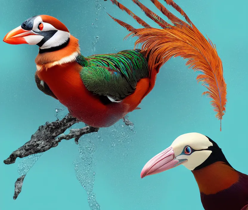 Image similar to a realistic photo of a semi - translucent bird water creature in action, feathers exotic morphing hoopoe, pheasant merged sky animal, atlantic puffin, turaco morphing chicken, water sea lake underwater, clear, global illumination, refraction, king vulture head, displacement map, bump map, normal map