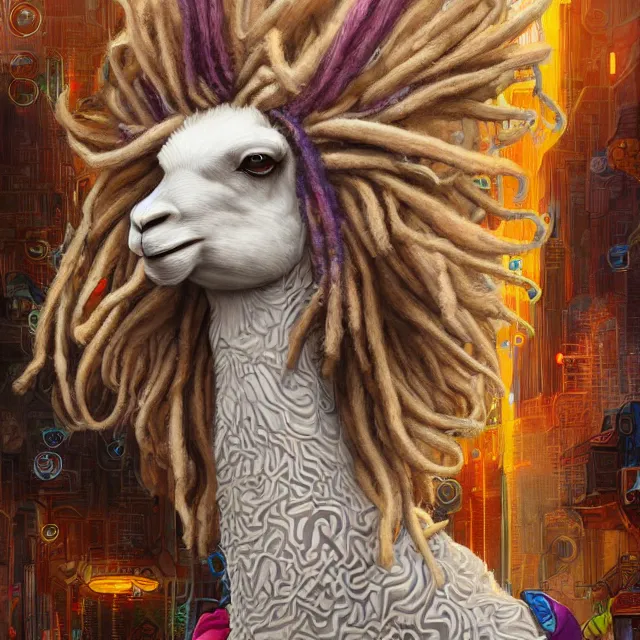 Prompt: llama with dreadlocks, cyberpunk, by mandy jurgens, ernst haeckel, james jean