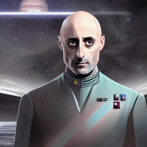 Prompt: mark strong as grand admiral thrawn sitting as his desk on a star destroyer, hd, digital art