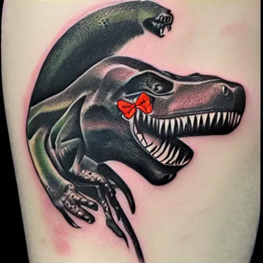 Prompt: T-Rex with princess bow tattoo