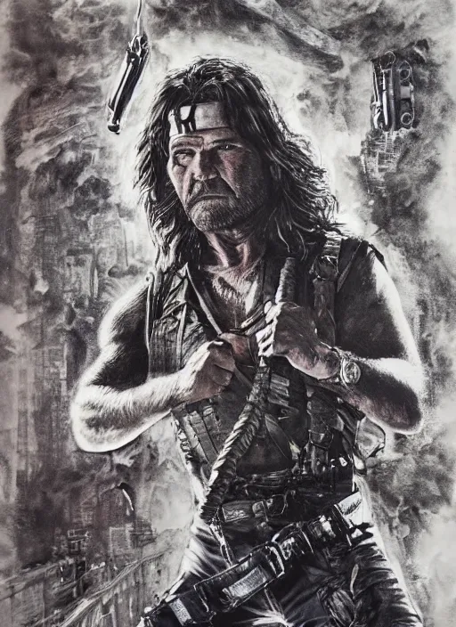 Image similar to Kurt Russell as Snake Plissken Escape From New York, Movie Inspired, mixed media, tritone