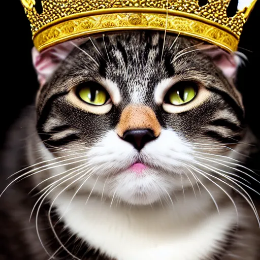 Image similar to a cat wearing a king's crown,studio photograph,professional photography,professional lighting,3 point lighting,detailed face,hyperdetailed,photorealistic,4k