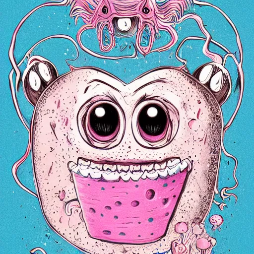 Image similar to crying cute eyes mouth pink ice cream, blue waffle cone, jester themed, intricate concept art, thick line drawing, 1 9 8 3 horror painted book cover art