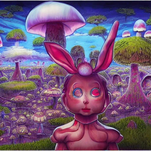 Image similar to 4 k headshot portrait of a psychedelic demonic anthropomorphic bunny rabbit with mushroom themed clothes, magic mushroom village in background by jeff easley, award winning, stylized neon, post - processing, masterpiece, superb resolution. in the art style of junji ito and greg rutkowski. detailed mushroom city in background. hyper realistic anime. perfect art. dalle 2