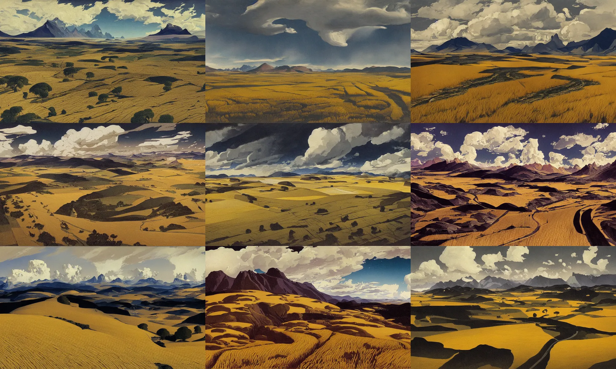 Prompt: painting of landscape of patagonia, hurricane, road between hills, thunder clouds, wheat fields, forests, pastoral, from a bird's eye view, unsaturated and dark atmosphere, nightfall, artwork by georgy nissky and alfred joseph casson and isaac levitan