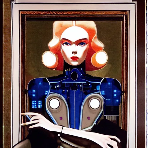 Image similar to Art Deco painting of a cybernetic Elle Fanning