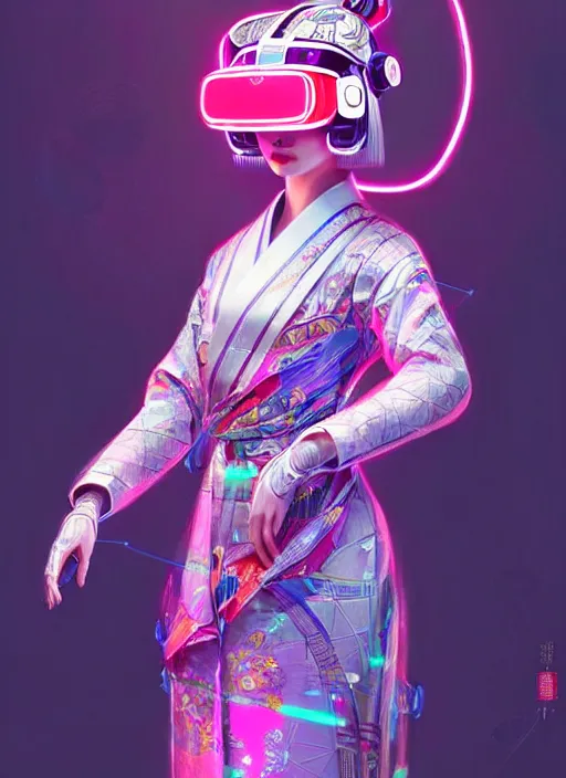 Image similar to portrait of female japanese android in elaborate kimono dress, wearing a vr headgear, hologram hovering around her, intricate detail, cyber neon lighting, highly detailed, digital photography, artstation, glamor pose, concept art, art by artgerm and greg rutkowski, pinterest, artstation,