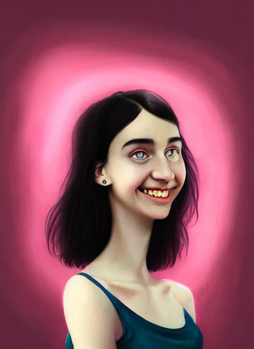 Image similar to portrait of teenage girl, narrow face, black hair, bangs, half updo hairstyle, skinny, big nose, smile, unattractive, defined jawline, big chin, wearing pink hair bow, earrings, intricate, elegant, glowing lights, highly detailed, digital painting, artstation, sharp focus, illustration, art by wlop, mars ravelo and greg rutkowski