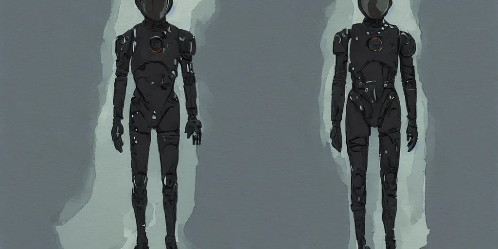 Image similar to male, full body, modern space suit, intriguing helmet, very stylized character design, the expanse tv series, large shoulders, short torso, long thin legs, tiny feet, science fiction, hyperdetailed, technical suit, dieselpunk, watercolor digital painting, in the style of mike mignola, by alex maleev, in the style of jean giraud