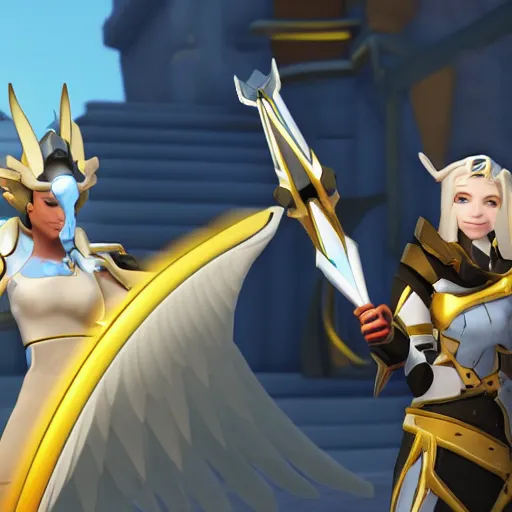 Prompt: mercy with pharaoh, in overwatch official style