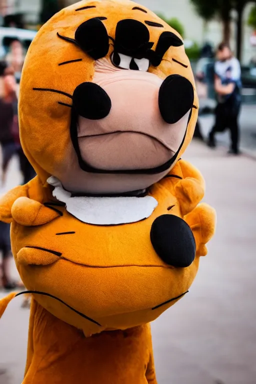 Image similar to portrait of Jacksfilms dressed in Garfield costume, starring in live-action adaptation of the comics, cosplay photograph, shallow depth of field