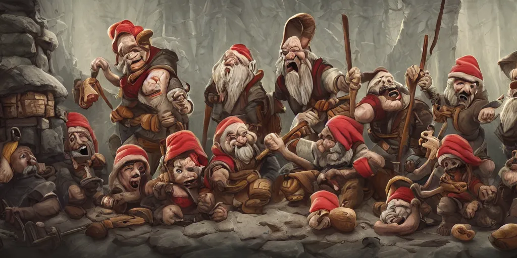 Image similar to 7 deadly dwarfs and snow white, highly detailed, concept art, trending on artstation