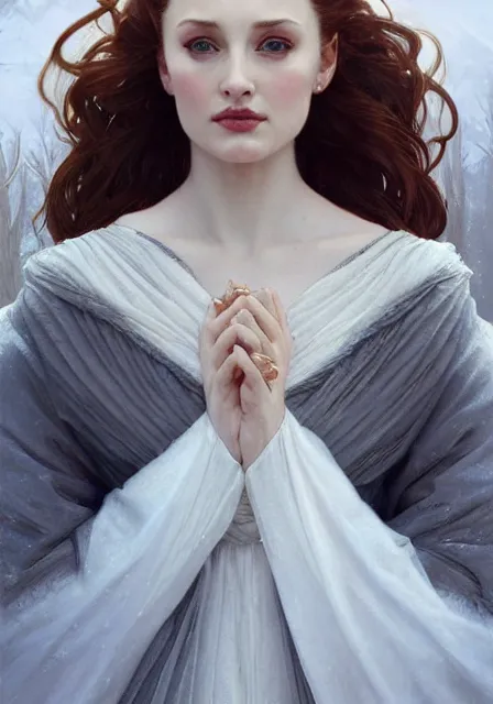 Image similar to sansa angeline jolie gessica chastain cold frozen snow ice winter, intricate, elegant, highly detailed, digital painting, artstation, concept art, smooth, sharp focus, illustration, art by artgerm and greg rutkowski and alphonse mucha and william - adolphe bouguereau