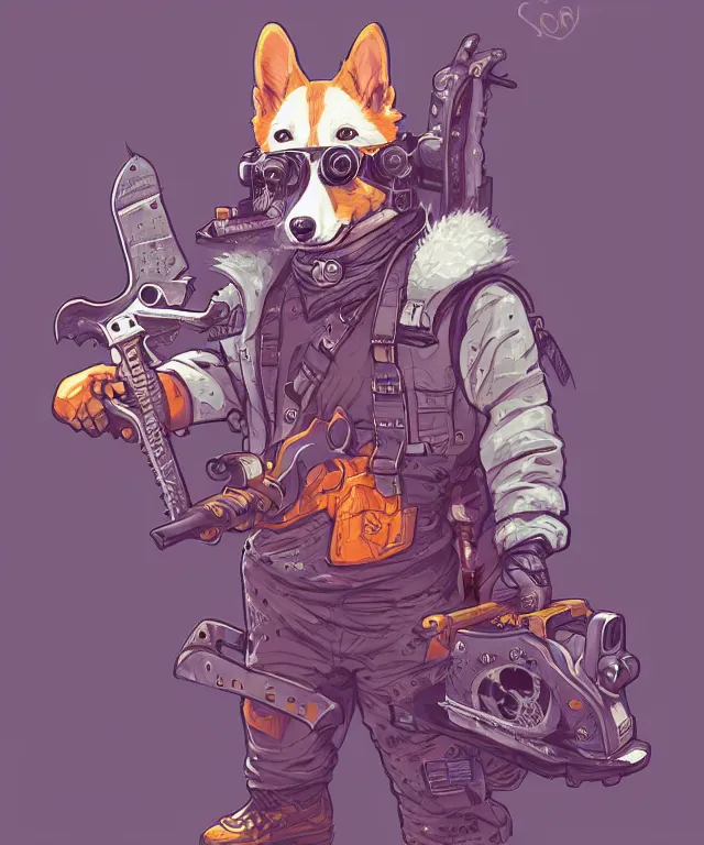 Image similar to a portrait of an anthropomorphic cyberpunk corgi holding a chainsaw, fantasy, elegant, digital painting, artstation, concept art, matte, sharp focus, illustration, art by josan gonzalez