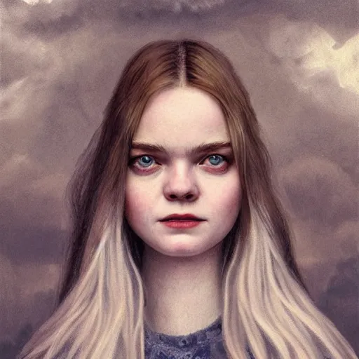 Prompt: professional painting of Elle Fanning in the style of Andrea Kowch, head and shoulders portrait, symmetrical facial features, smooth, sharp focus, illustration, intricate, stormy weather, extremely detailed masterpiece,