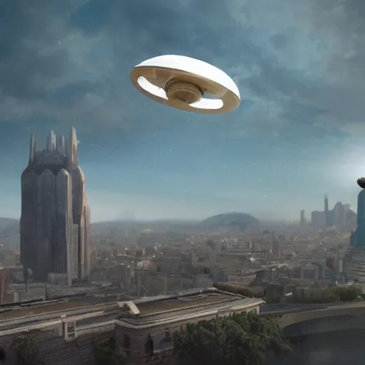 Prompt: a flying saucer hovering over a city far away view concept art